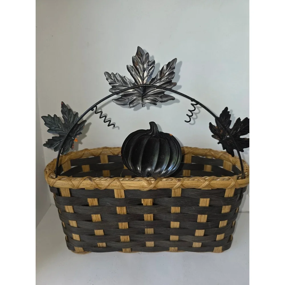 Vintage 1990s Harvest Basket Woven Wicker Pumpkin Maple Leaf Metal Handle Decor